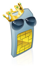 A mobile phone sim card cartoon character mascot wearing a gold king crown and cool shades or sunglasses