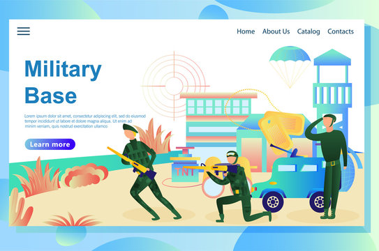 Illustration of the web page, military base on the background, corresponding attributes: weapons, explosives, military vehicle and soldiers doing military training.