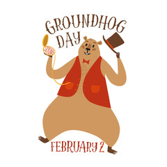 Cartoon groundhog dancing with clock.