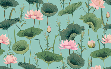 Seamless pattern with pink lotus and reeds