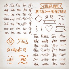 Hand drawn elegant calligraphic articles and prepositions