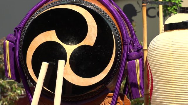 TOKYO,  JAPAN - 11 MAY 2019 : Close-up shot of beating Japanese drum at KANDA MATSURI (KANDA FESTIVAL).  Slow motion shot.