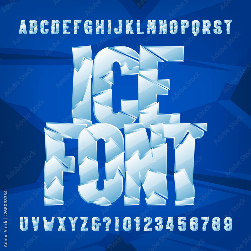 Fototapete ice alphabet font. frozen letters and numbers on blue background. stock vector typescript for your t