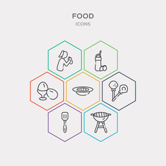 simple set of barbecue grill, slotted spoon, lollypop, mapo tofu icons, contains such as icons boiled egg, fresh smoothie, drink water and more. 64x64 pixel perfect. infographics vector