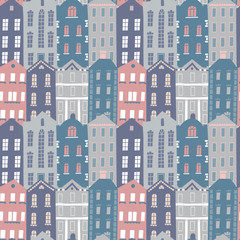 Hand drawn seamless pattern with colorful houses