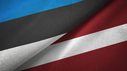 Estonia and Latvia two flags textile cloth, fabric texture - obrazy, fototapety, plakaty