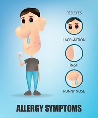 Allergy symptoms concept with cough sneeze itching skin rash runny nose and sick sore eyes isolated. Vector illustration. Young man in cartoon style. Blue background.