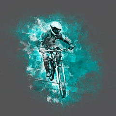 Fototapeta premium Black pencil drawing of a cyclist on a downhill bike with a blue drawing on a gray background.