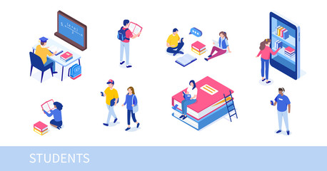 Different college students studying. Can use for web banner, infographics, hero images. Flat isometric vector illustration isolated on white background. - obrazy, fototapety, plakaty