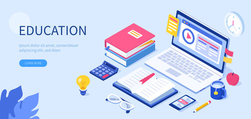 Online education concept with text place. Can use for web banner, infographics, hero images. Flat isometric vector illustration isolated on white background.