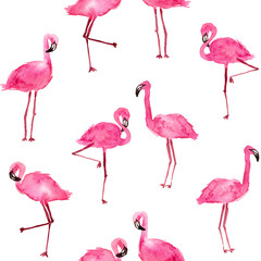 watercolor pink flamingos. hand drawn seamless pattern on a white background