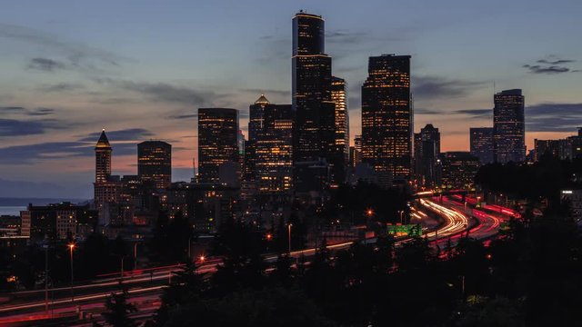 Seattle Evening Timelapse Zoom Out with City Lights and Car Headlight Streaks