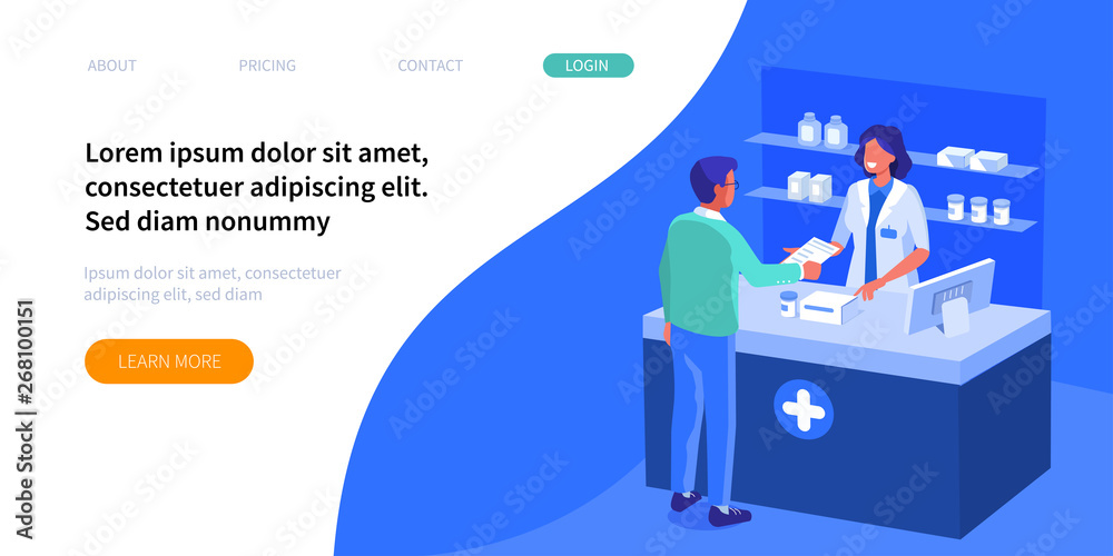 Wall mural Doctor pharmacist and patient in drugstore. Can use for web banner, infographics, hero images. Flat isometric vector illustration isolated on white background.