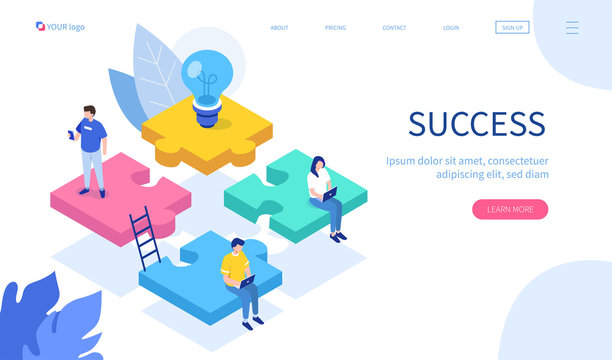  Teamwork with puzzle concept. Can use for web banner, infographics, hero images. Flat isometric vector illustration isolated on white background.