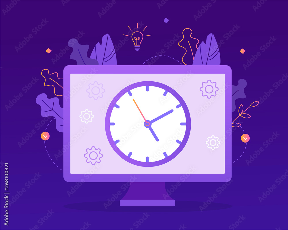 Canvas Prints time to work. the big clock on the computer monitor. time management concept. flat vector illustrati