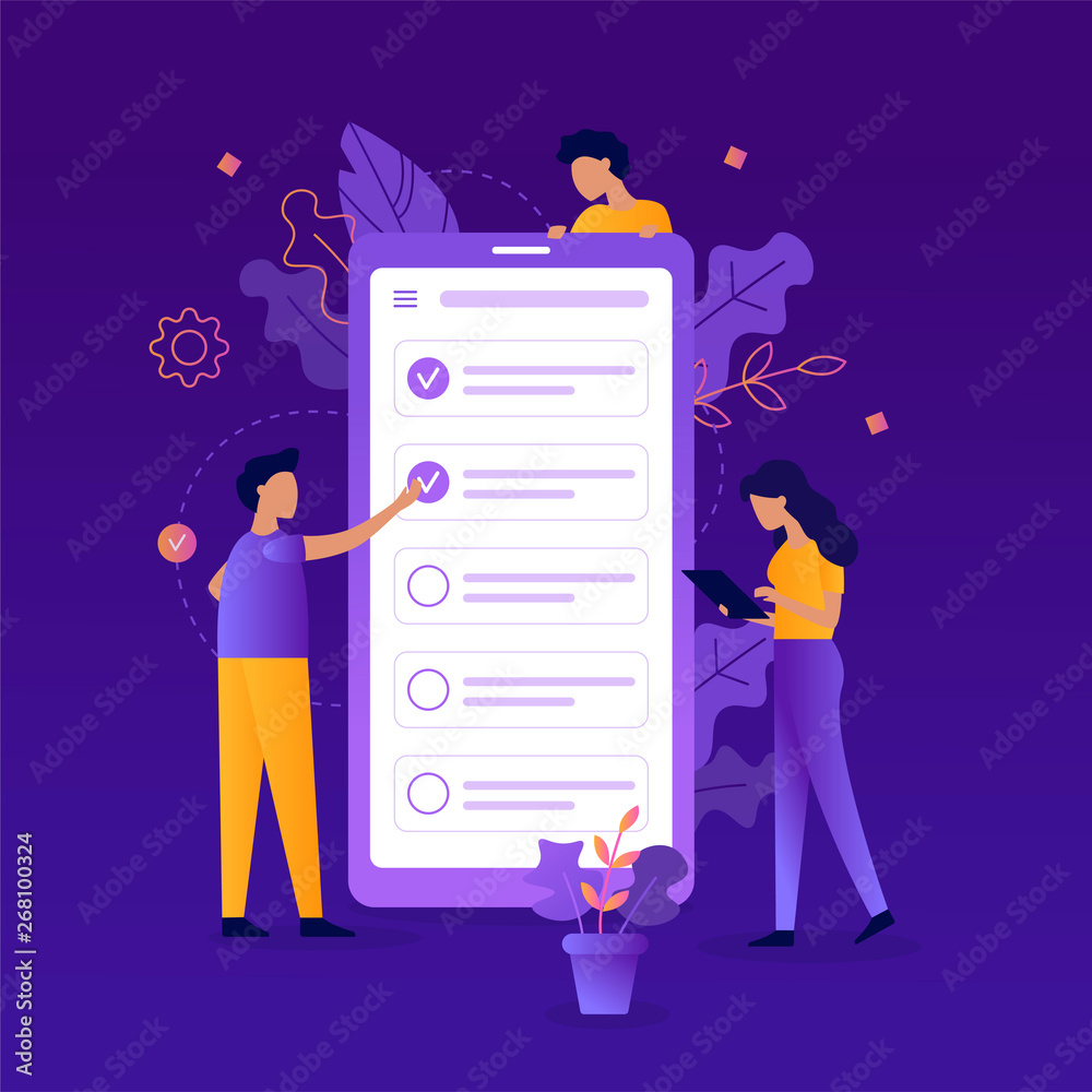 Poster teamwork. mark a task as completed in the task manager app. time management concept. flat vector ill