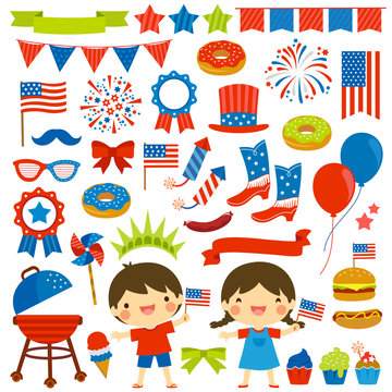 4th of July clip art set with various items and two kids