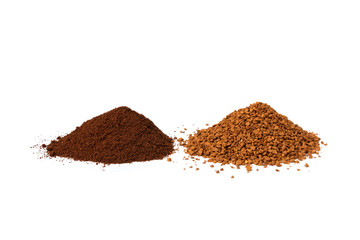 Granulated and powder coffee isolated on white background.