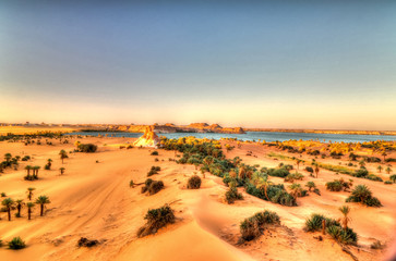 Aerial sunrise Panoramic view to Yoa lake group of Ounianga kebir lakes at the Ennedi, Chad