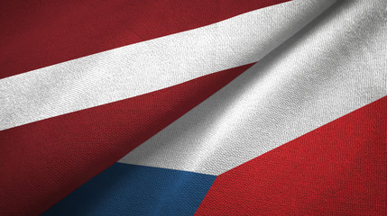 Fototapeta na wymiar Latvia and Czech Republic two flags textile cloth, fabric texture