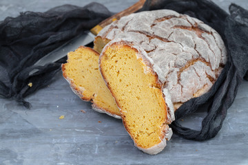 typical portuguese corn bread on ceramic background