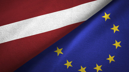 Latvia and European Union two flags textile cloth, fabric texture