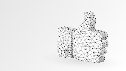 Hand Thumb Up like gesture. Business communication, approving, agreement concept. Abstract, digital, wireframe, low poly mesh, vector white origami 3d illustration. Triangle, line, dot, star