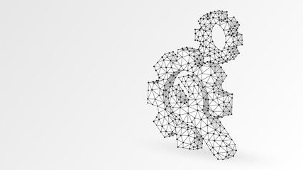 Gears, adjustable wrench. Industry, business solution, technology, machine engineering concept. Abstract, digital, wireframe, low poly mesh, Raster white origami 3d illustration. Triangle, line, dot