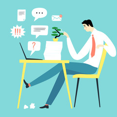 Procrastination worker cartoon illustration.