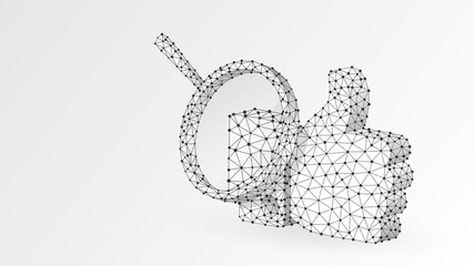 Magnifying glass Analysis of Thumb Up gesture. Communication, approving, agreement concept. Abstract, digital, wireframe, low poly mesh, Raster white origami 3d illustration. Triangle, line, dot