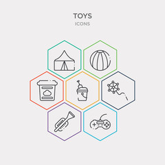simple set of gamepad toy, trumpet toy, kite toy, sand bucket icons, contains such as icons dough beach ball tent and more. 64x64 pixel perfect. infographics vector