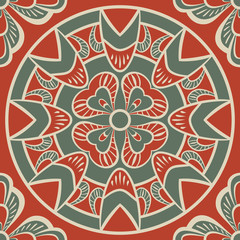 Seamless pattern with circular ornaments in red, beige and green tones