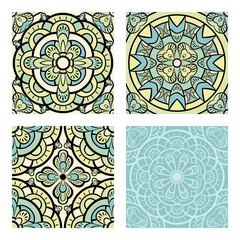 Collection with circular ornaments in blue, yellow and green tones