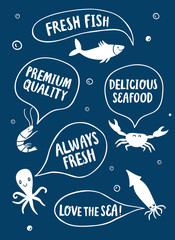 Seafood cartoon poster with speech bubble
