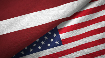 Latvia and United States two flags textile cloth, fabric texture
