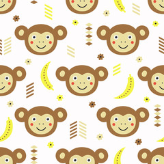 Monkey and banana seamless pattern. Vector illustration.