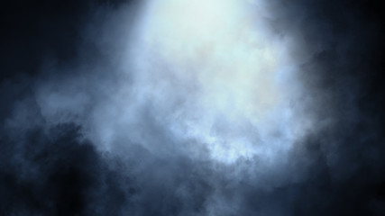 Dry ice smoke clouds fog the floor texture. . Perfect spotlight mist effect on isolated black background
