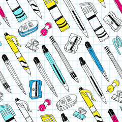 Stationery seamless pattern with pen, pencil, sharpener, marker, rubber. Vector illustration. Cloth design, wallpaper, wrapping