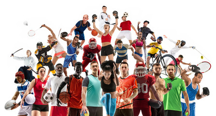 Sport collage. Tennis, running, badminton, soccer and american football, basketball, handball, volleyball, boxing, MMA fighter and rugby players. Fit women and men standing isolated on white