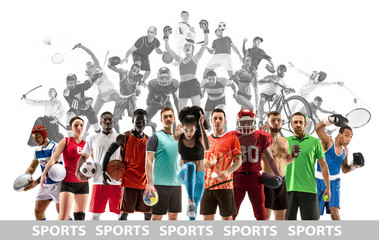 Sport collage. Tennis, running, badminton, soccer and american football, basketball, handball,...