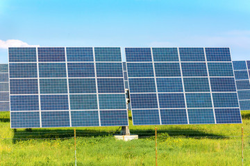 Solar station. Solar panels for the production of natural solar energy. Green electricity. Direct view, space for text, copy space, web banner, banner, advertisement.