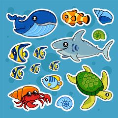 Fashion patch badges with whale, turtle, fish, seashells, crab, sea and other. Very large set of girlish and boyish stickers, patches in cartoon isolated.Trendy print for backpacks, things,clothes