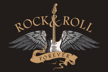 rock n roll Guitar vector image with wings and inscription on rock and roll tapes in the style of a graphic sketch - obrazy, fototapety, plakaty