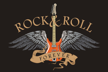 rock n roll Guitar vector image with wings and inscription on rock and roll tapes in the style of a graphic sketch