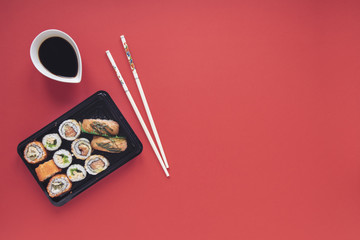 Flat lay sushi composition with copyspace