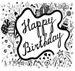 Happy Birthday greeting card. Hand drawn vector illustratiom for greeting cards isolated on white background