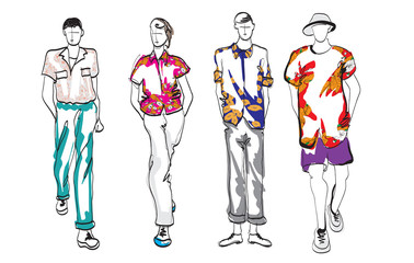 Stylish handsome mans in fashion clothes. Hand drawn beautiful young mens. Stylish mens. Fashion mens sketch. Fashion men model.