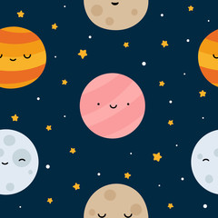 Fototapeta premium Space Seamless Pattern with Planets and Stars. Doodle Cartoon Cute Planet Smiling Face. Vector Background