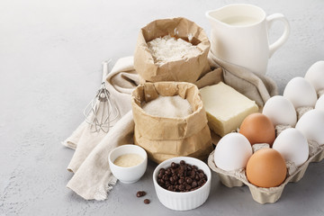 Various baking ingredients for sweet pastry. Dough recipe.
