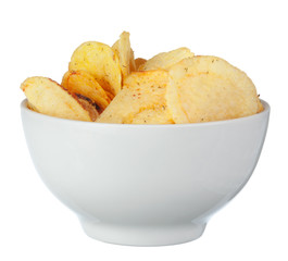Potato chips on bowl isolated on white background